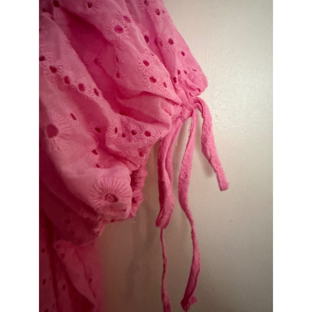 Hyfve Pink Eyelet Babydoll Top Square Neck Puff Sleeve Tie Detail Women Medium - Picture 3 of 10
